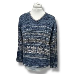 Vintage Tiara International V-Neck FairIsle Sweater M Blue & Beige Ramie/Cotton